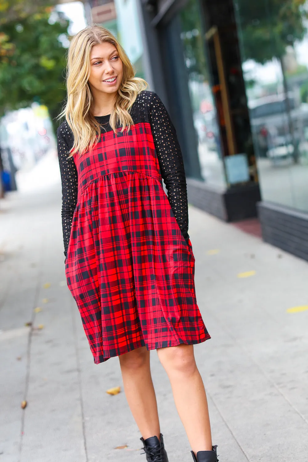 Red & Black Holiday Checker Plaid Eyelet Twofer Midi Dress sold by Charming Charlie product image thumbnail 4