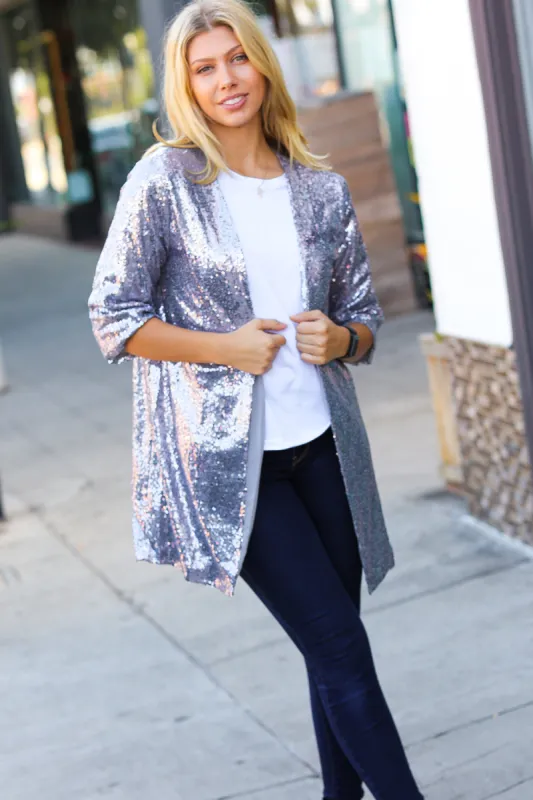 Holiday Silver Iridescent Sequin Open Lined Cardigan sold by Charming Charlie