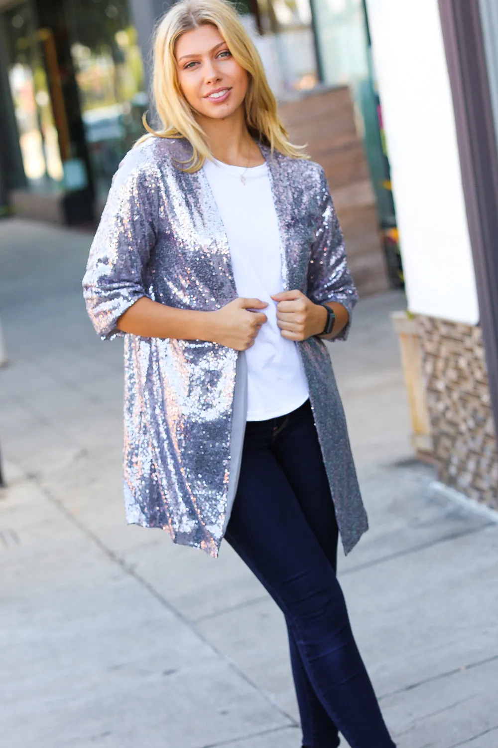 Holiday Silver Iridescent Sequin Open Lined Cardigan sold by Charming Charlie