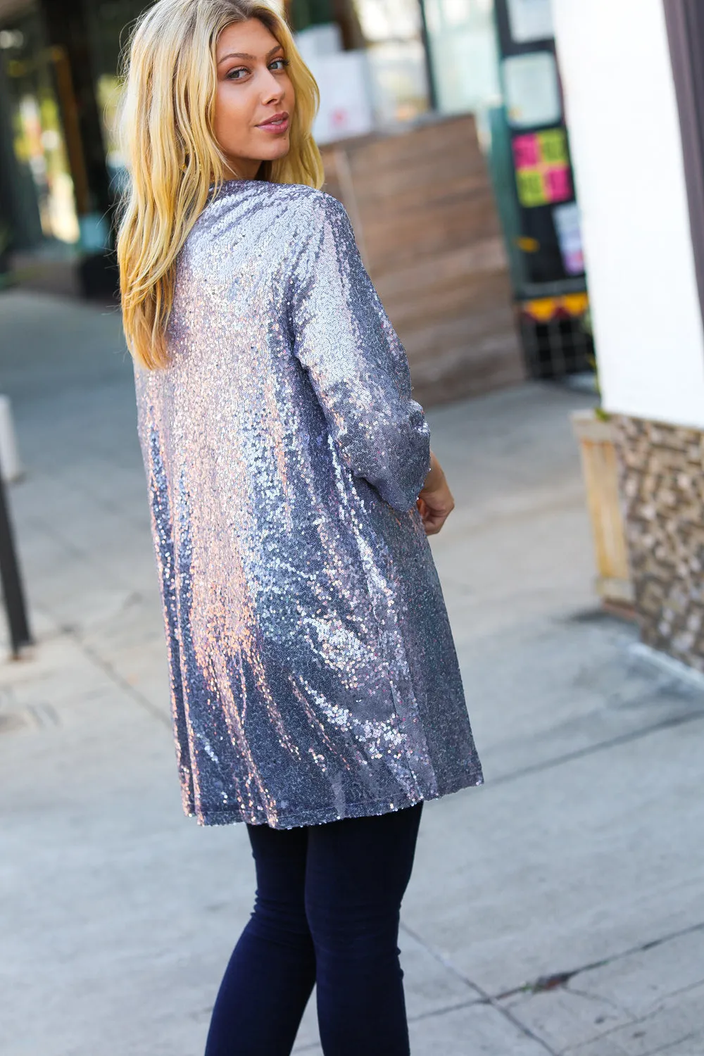 Holiday Silver Iridescent Sequin Open Lined Cardigan sold by Charming Charlie product image thumbnail 3