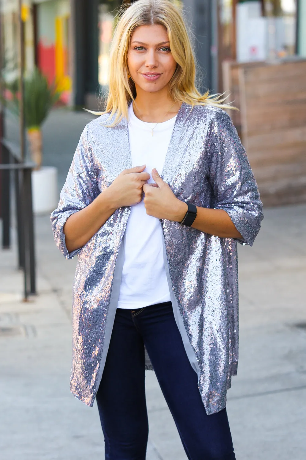 Holiday Silver Iridescent Sequin Open Lined Cardigan sold by Charming Charlie product image thumbnail 2