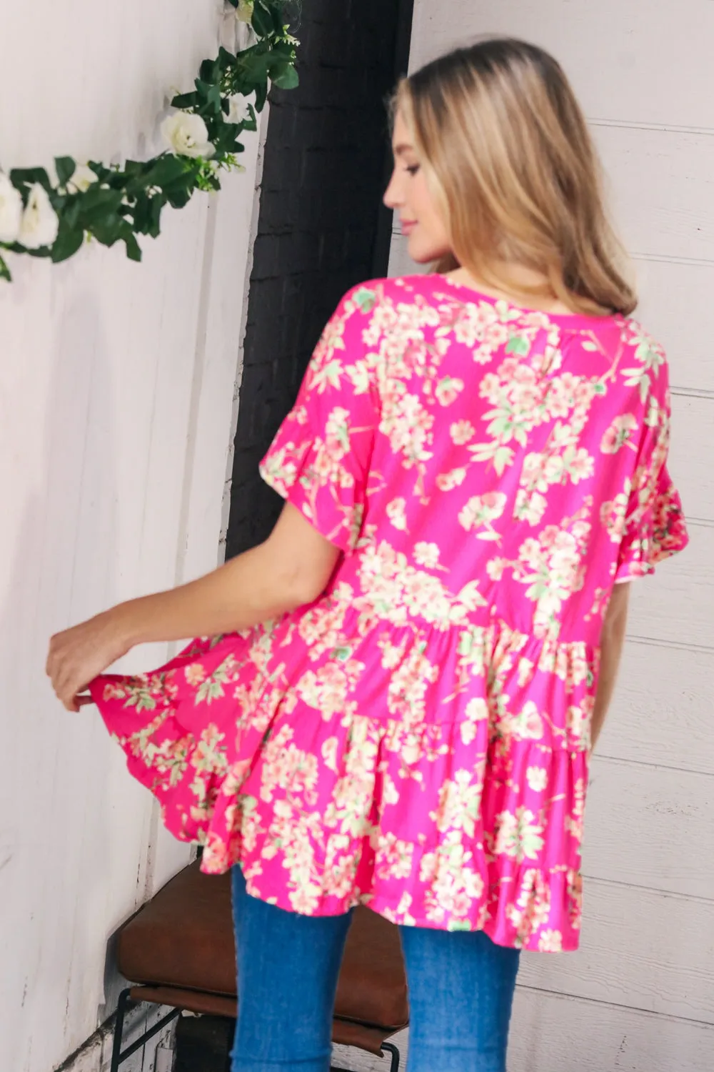 Fuchsia Floral Frill Ruffle Hem Tiered Swing Top sold by Charming Charlie product image thumbnail 3
