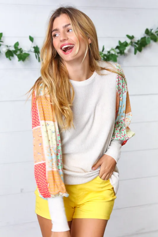 Taupe Rib Patchwork Bubble Sleeve Top sold by Charming Charlie