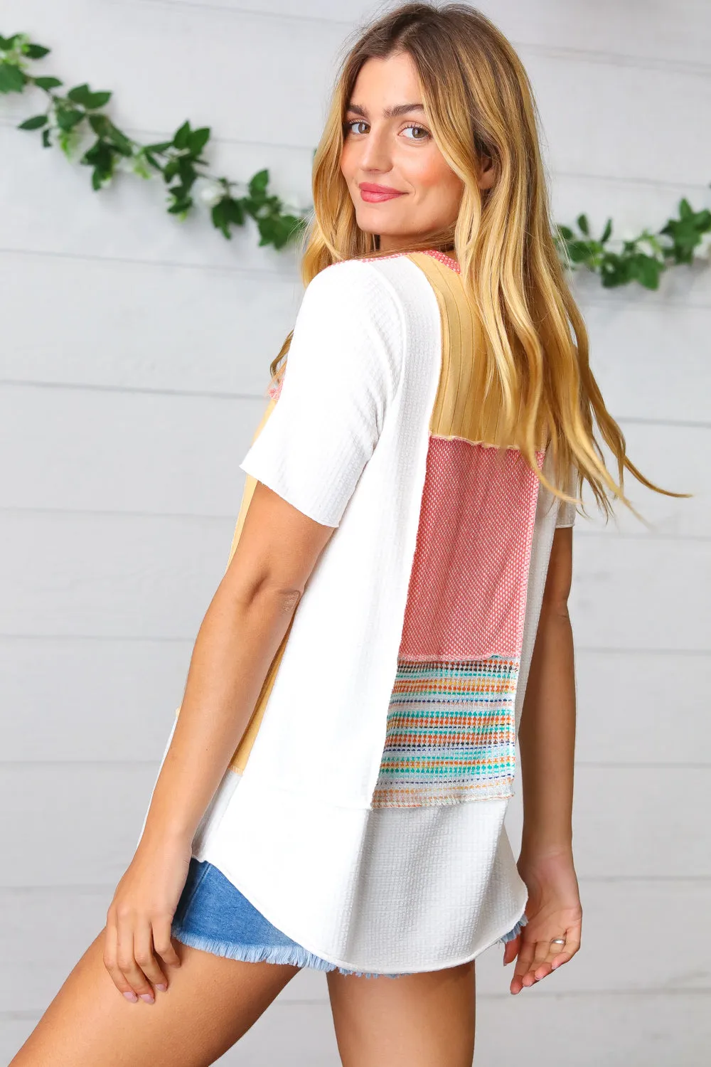 Coral Color Block Patchwork Out Seam Top sold by Charming Charlie product image thumbnail 3