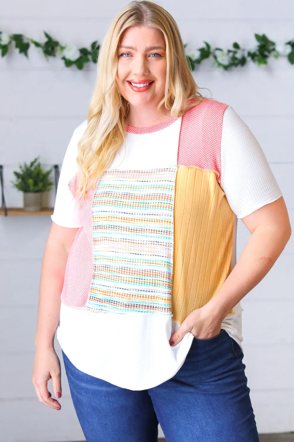 Coral Color Block Patchwork Out Seam Top sold by Charming Charlie product image thumbnail 2