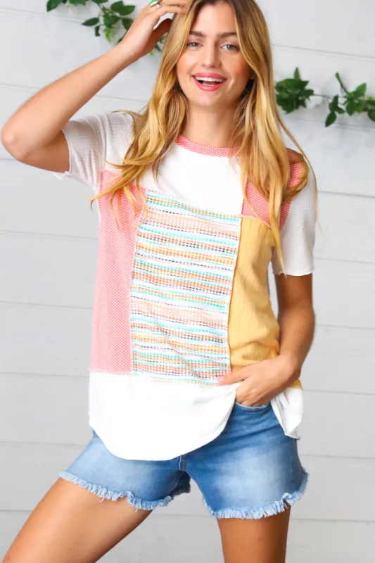 Coral Color Block Patchwork Out Seam Top sold by Charming Charlie