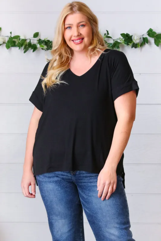 Black Ribbed V Neck Hi-Low Slit Top sold by Charming Charlie
