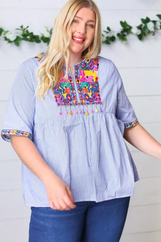 Navy Stripe Embroidered Beaded Pom Pom Yoke Top sold by Charming Charlie