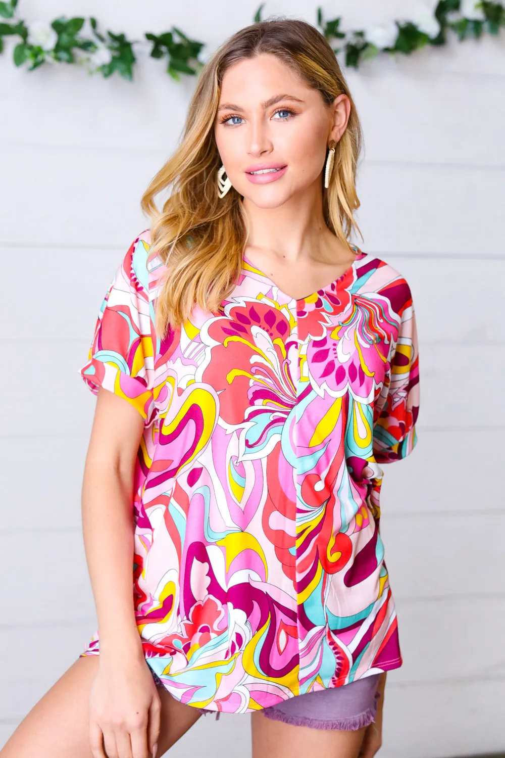 Orange & Pink Geometric Floral V Neck Top sold by Charming Charlie product image thumbnail 2