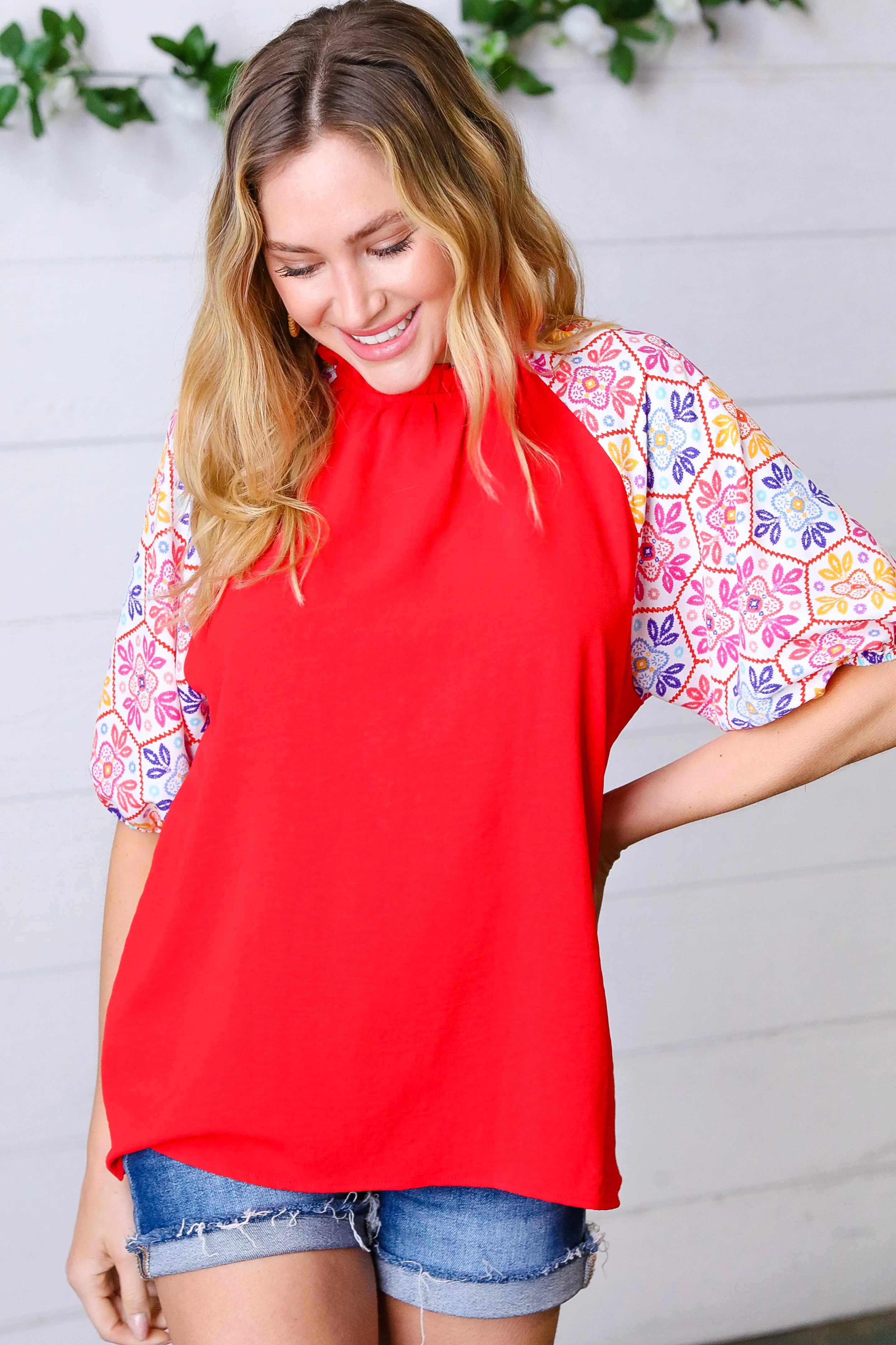Cardinal Red Frilled Mock Neck Floral Puff Sleeve Top sold by Charming Charlie product image thumbnail 3