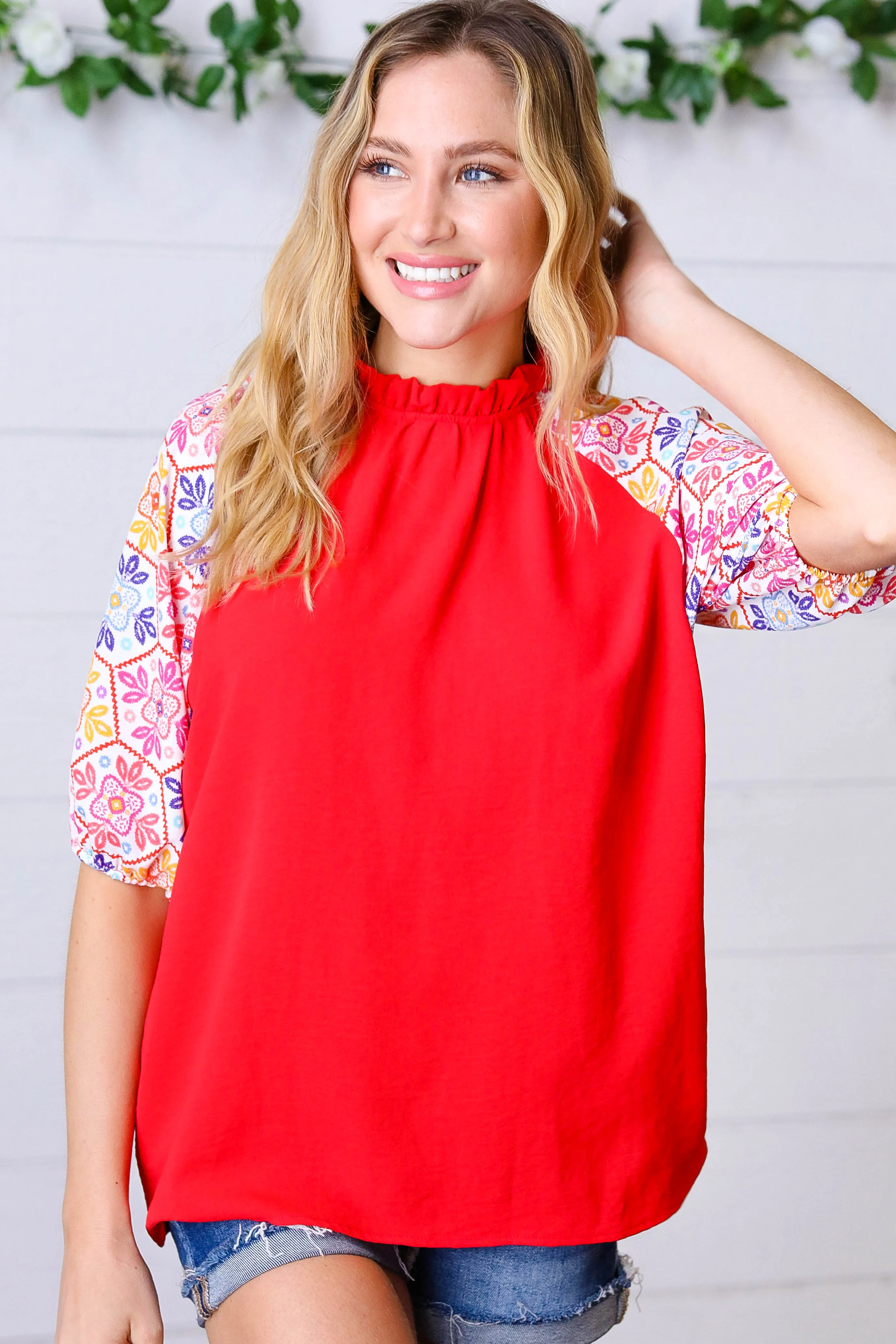 Cardinal Red Frilled Mock Neck Floral Puff Sleeve Top sold by Charming Charlie product image thumbnail 4