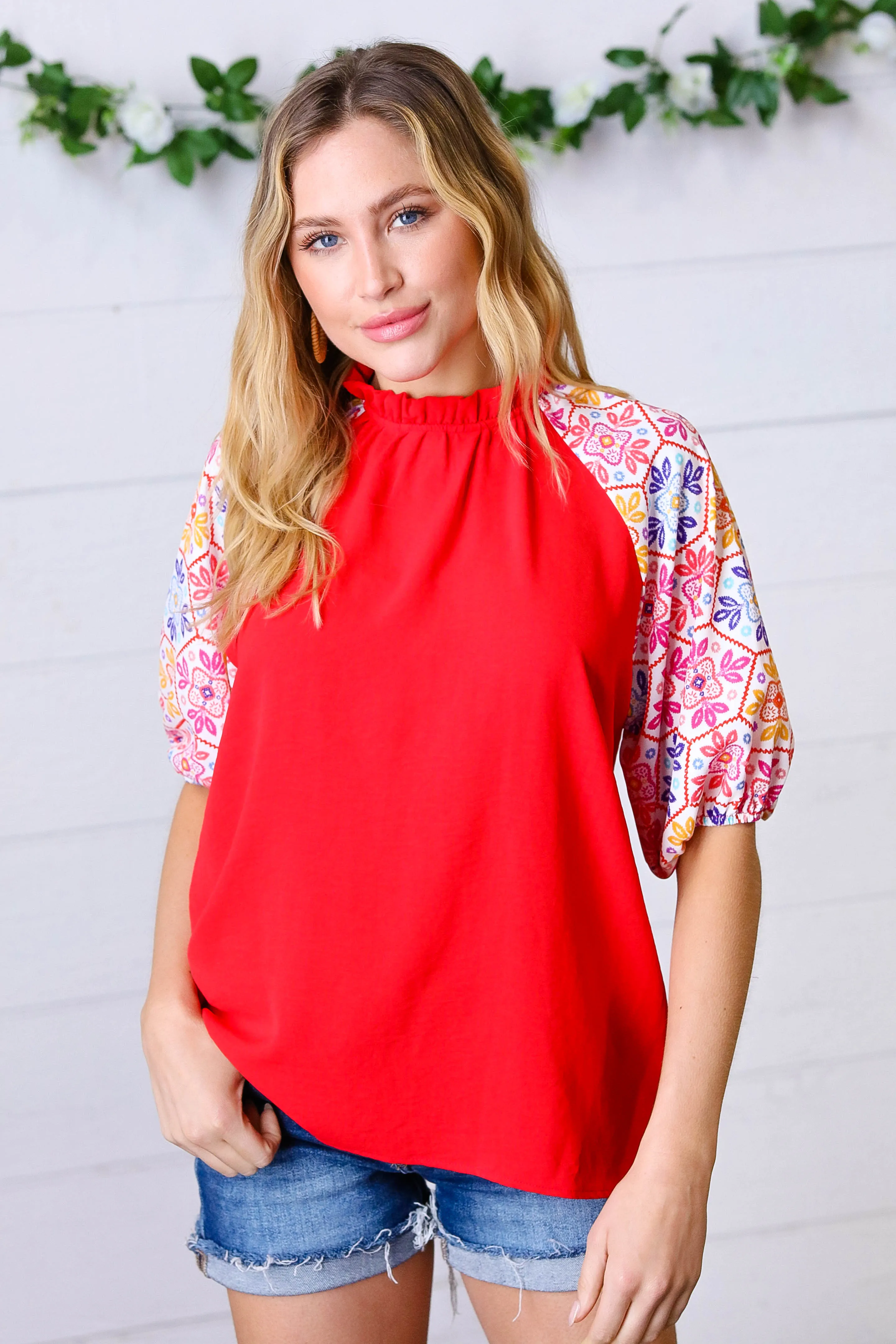 Cardinal Red Frilled Mock Neck Floral Puff Sleeve Top sold by Charming Charlie product image thumbnail 5