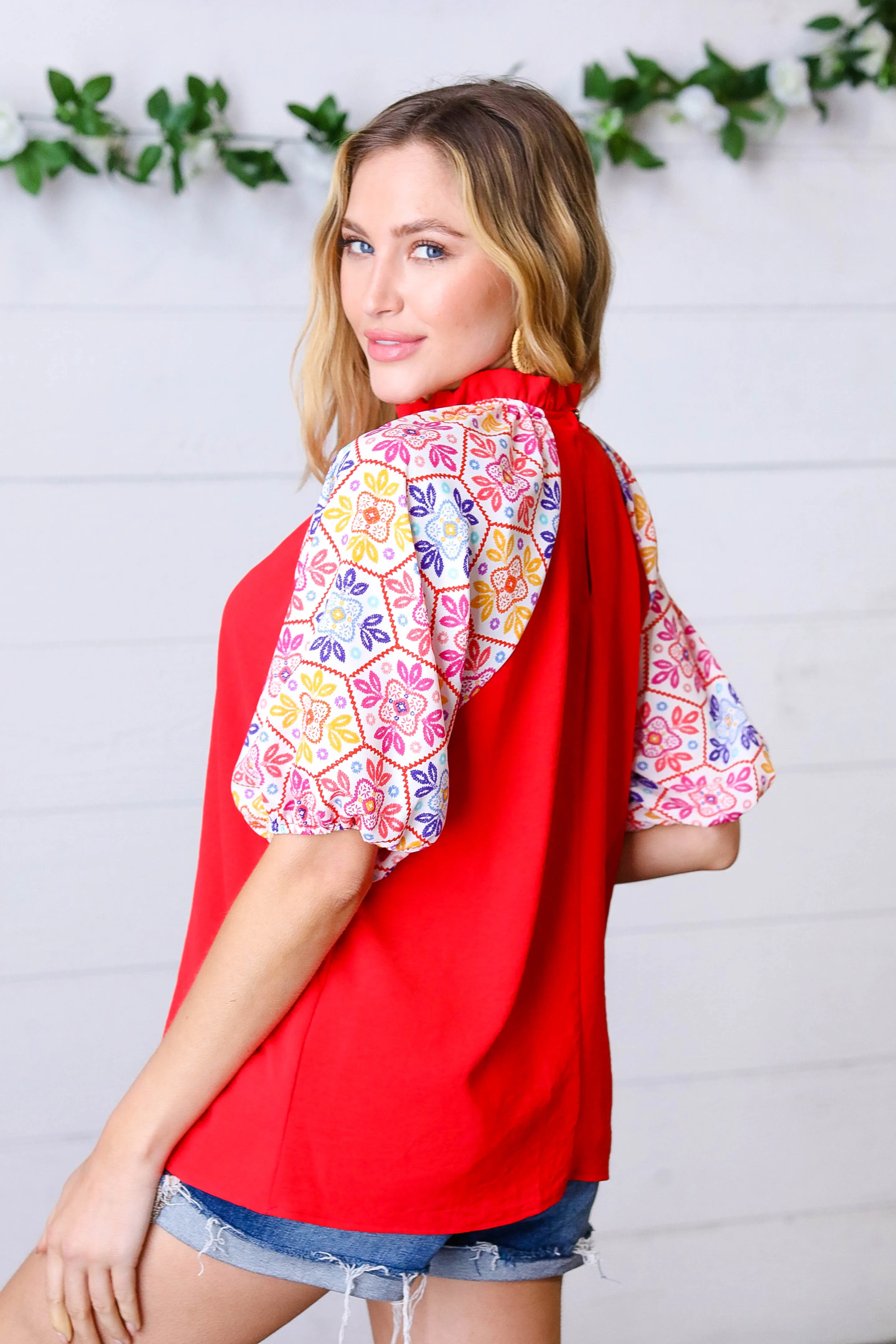 Cardinal Red Frilled Mock Neck Floral Puff Sleeve Top sold by Charming Charlie product image thumbnail 2