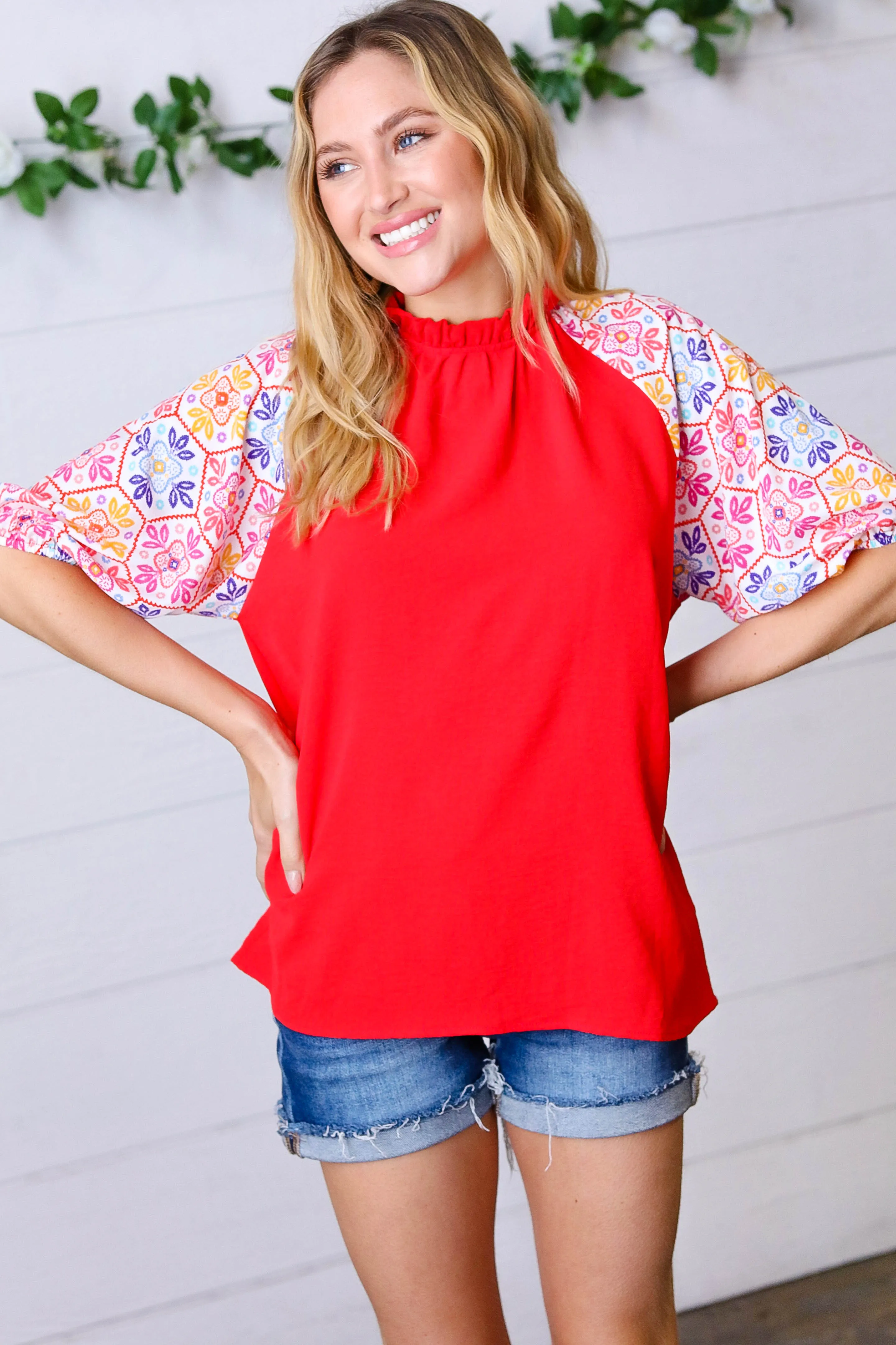 Cardinal Red Frilled Mock Neck Floral Puff Sleeve Top sold by Charming Charlie