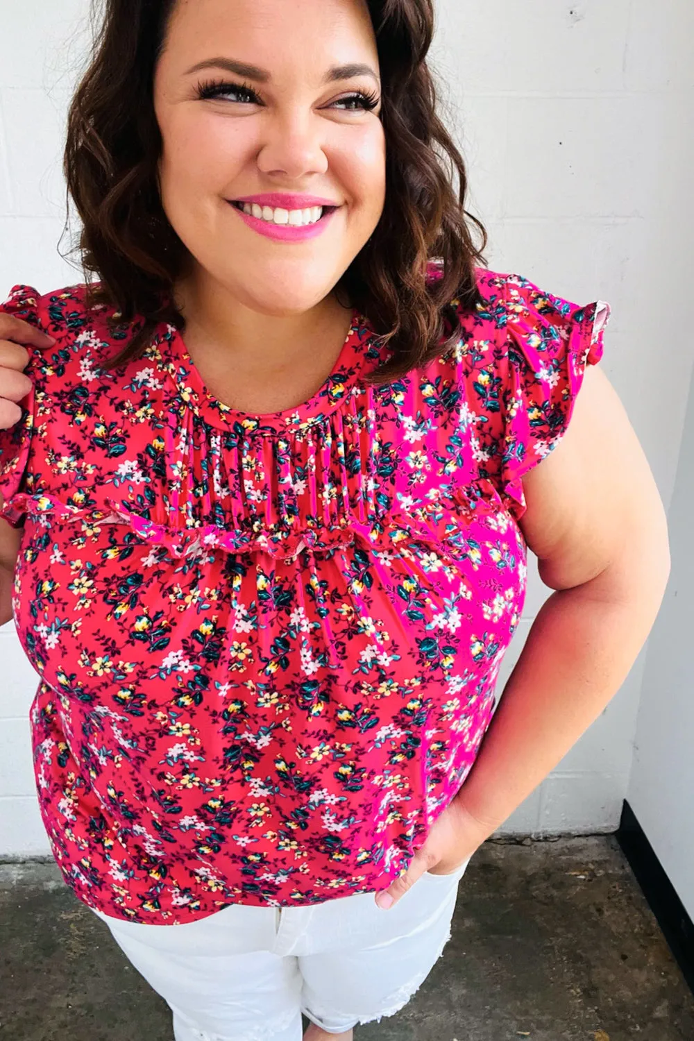 French Rose Floral Print Frilled Short Sleeve Yoke Top sold by Charming Charlie product image thumbnail 5