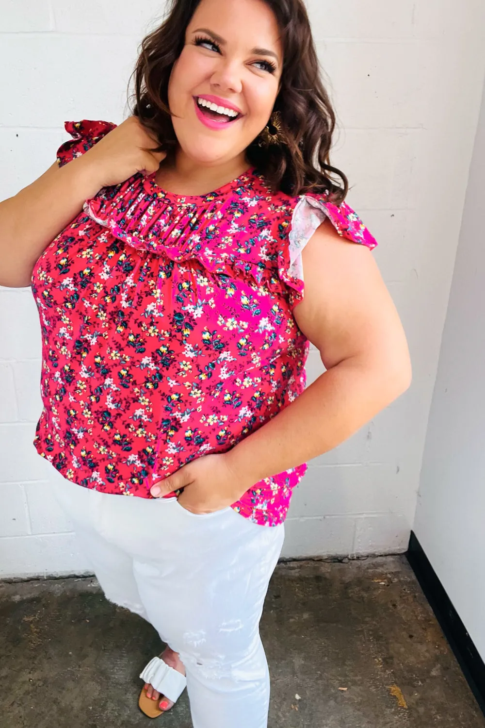 French Rose Floral Print Frilled Short Sleeve Yoke Top sold by Charming Charlie