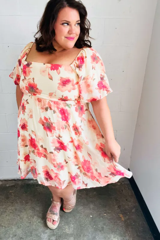 Peach Floral Chiffon Puff Sleeve Dress sold by Charming Charlie