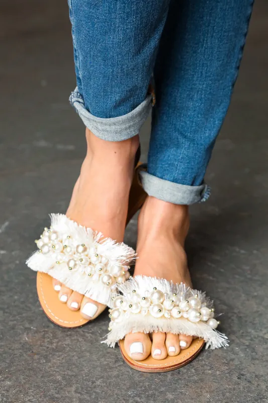 Ivory Linen Fray Beaded Faux Pearl Slide Sandal sold by Charming Charlie