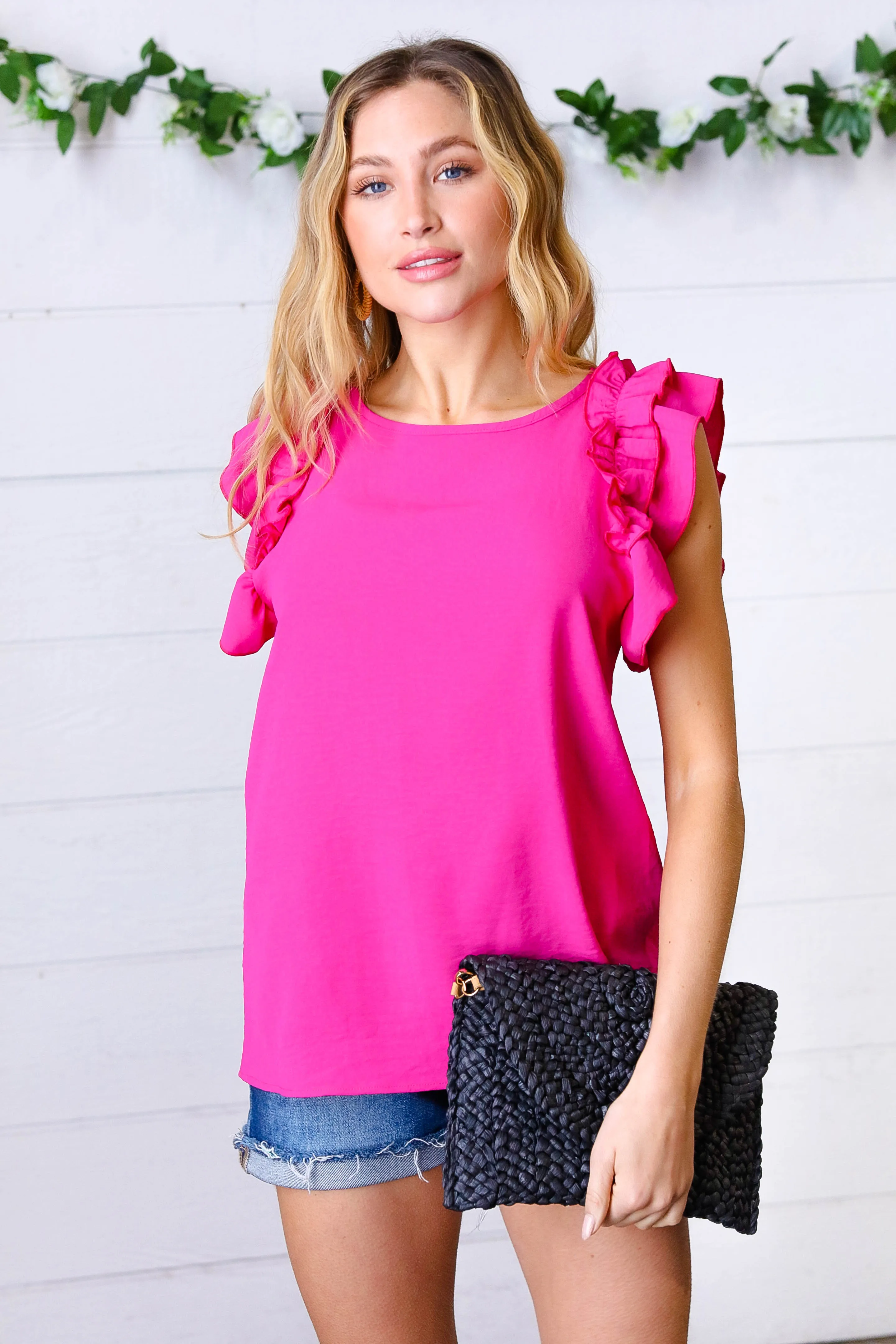 French Rose Double Ruffle Sleeve Crinkle Top sold by Charming Charlie product image thumbnail 4