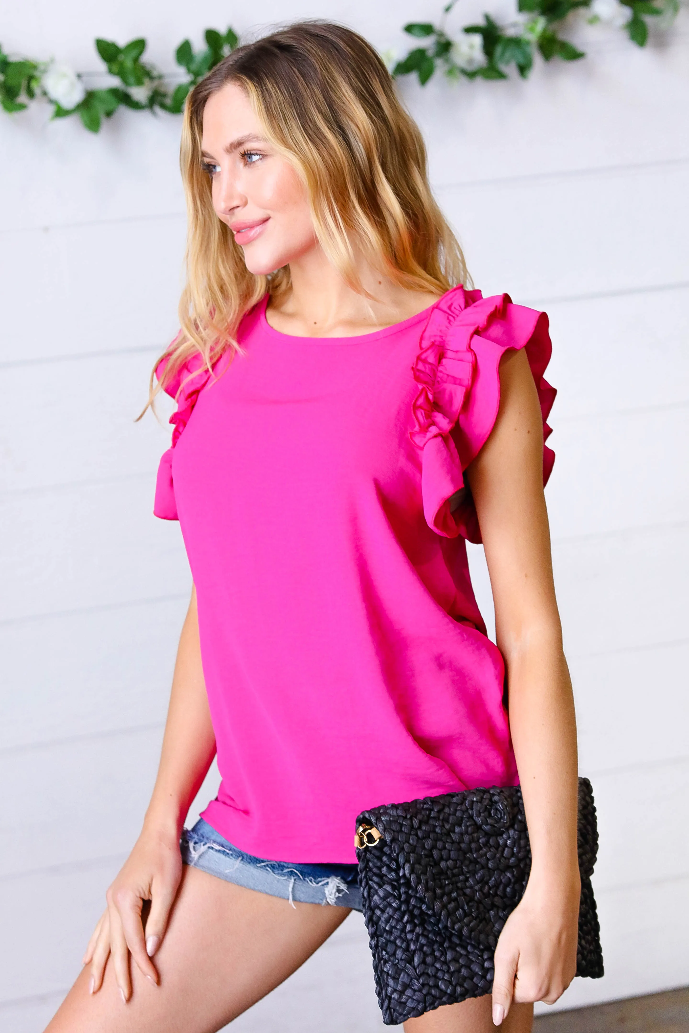 French Rose Double Ruffle Sleeve Crinkle Top sold by Charming Charlie product image thumbnail 3