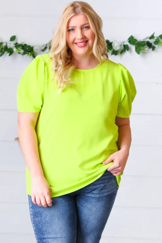 Neon Green Round Neck Puff Sleeve Crepe Top sold by Charming Charlie
