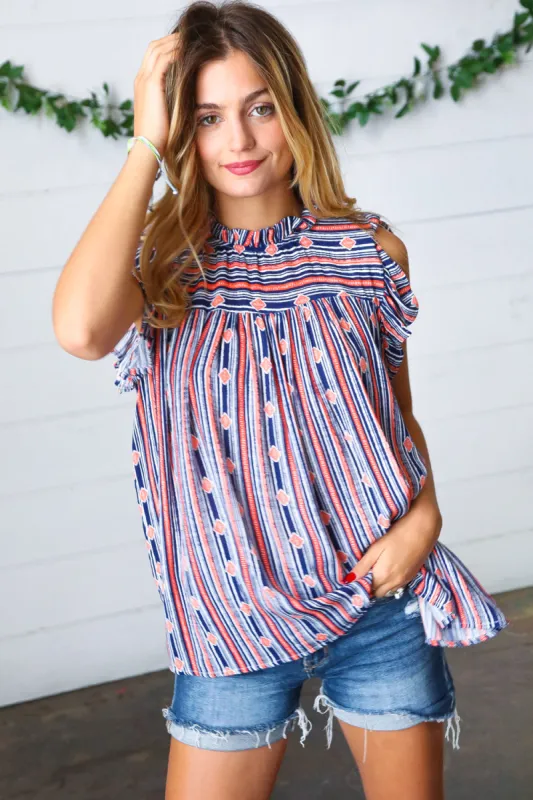 Navy & Orange Boho Stripe Flutter Sleeve Top sold by Charming Charlie