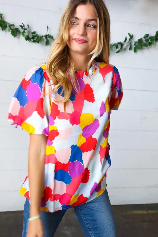 Multicolor Print Frilled Mock Neck Puff Sleeve Top sold by Charming Charlie