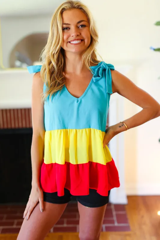 Multicolor Tiered Shoulder Tie Bow Crepe Top sold by Charming Charlie