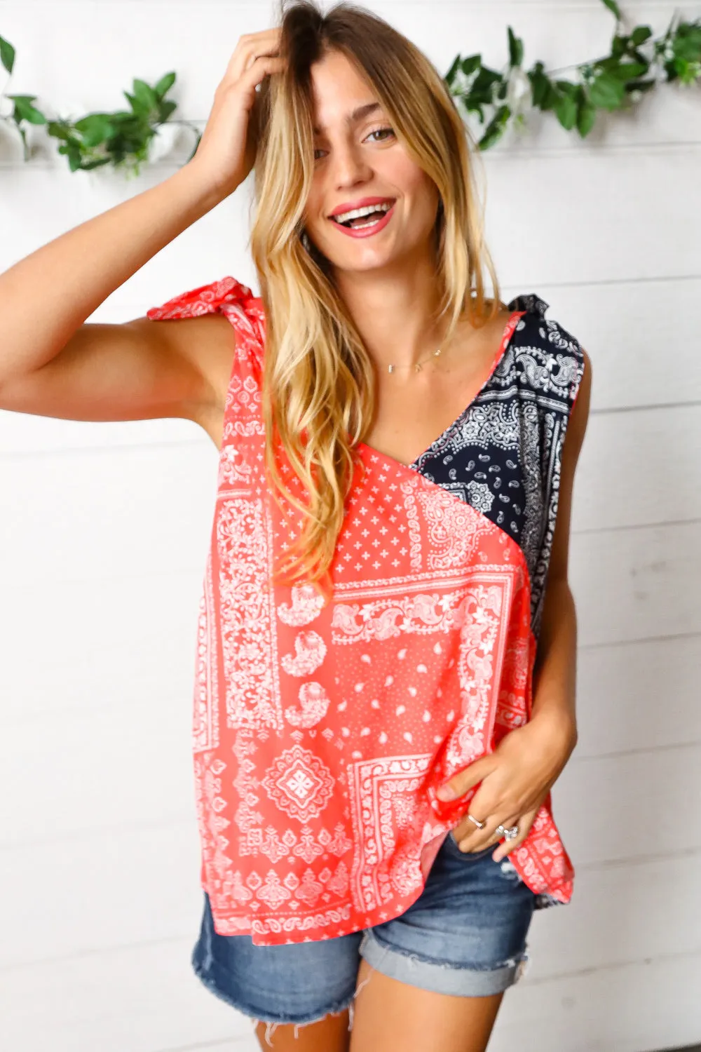 Coral & Navy Paisley Shoulder Tie Top sold by Charming Charlie product image thumbnail 4