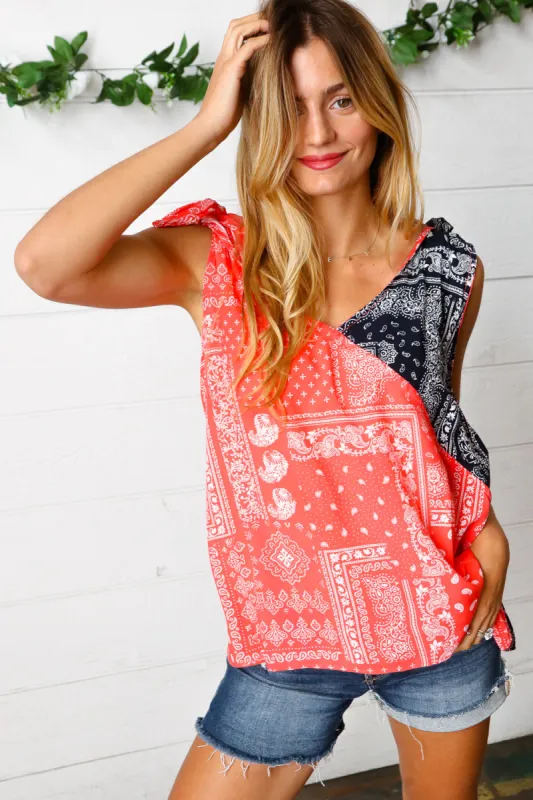 Coral & Navy Paisley Shoulder Tie Top sold by Charming Charlie