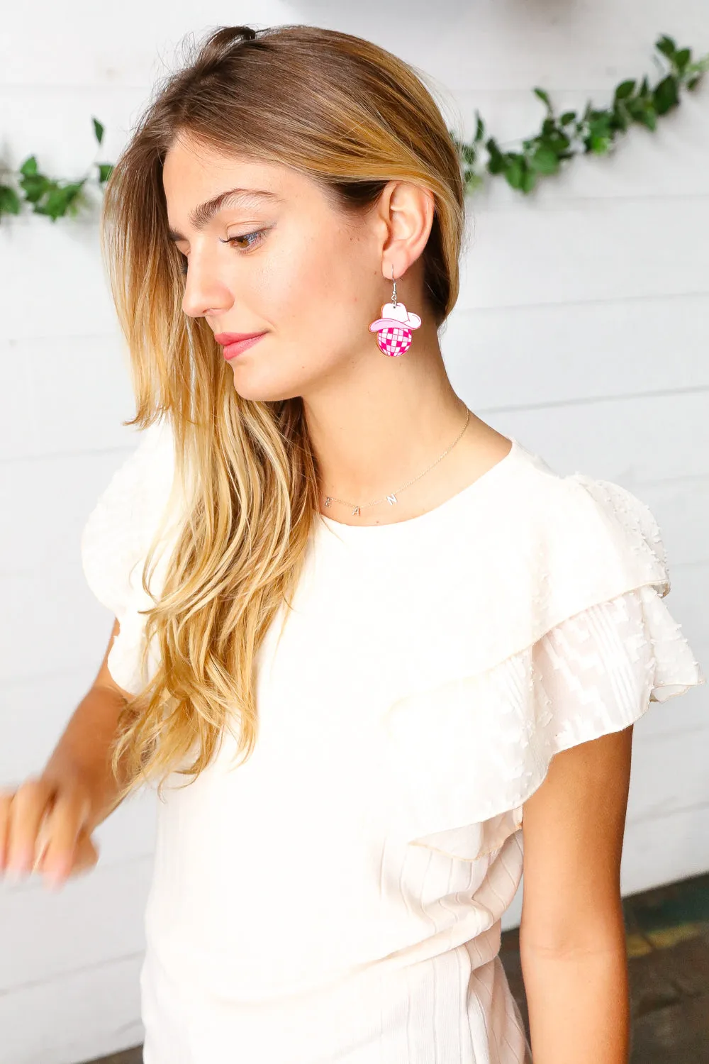 Pink Disco Cowgirl Hat Wooden Earrings sold by Charming Charlie product image thumbnail 2