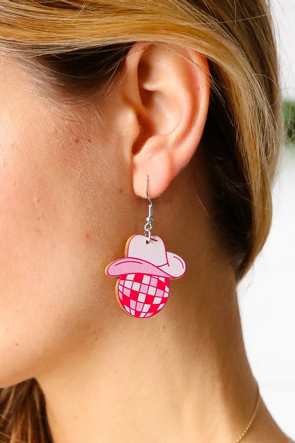 Pink Disco Cowgirl Hat Wooden Earrings sold by Charming Charlie