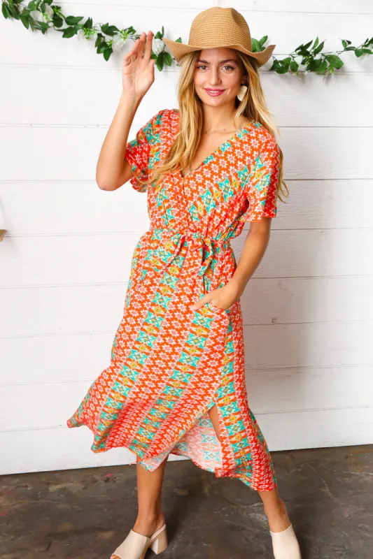 Orange Boho Print Surplice Sash Belt Midi Dress sold by Charming Charlie