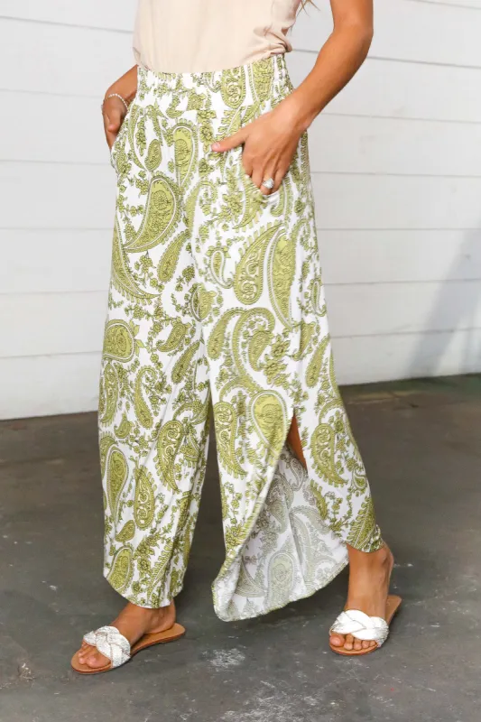 Light Green Paisley Print Side Slit Palazzo Pants sold by Charming Charlie