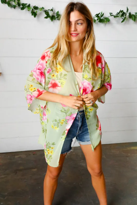 Sage Floral Print Chiffon Cover Up Kimono sold by Charming Charlie
