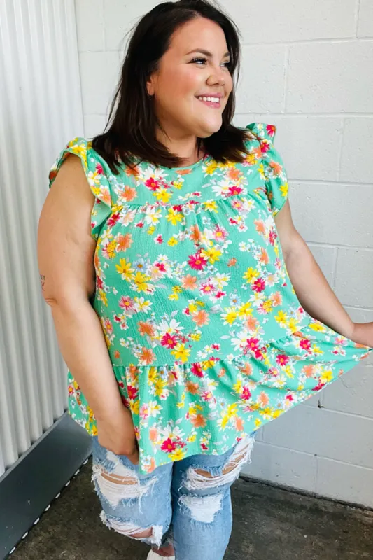 Mint Floral Yoke Flutter Sleeve Keyhole Back Top sold by Charming Charlie