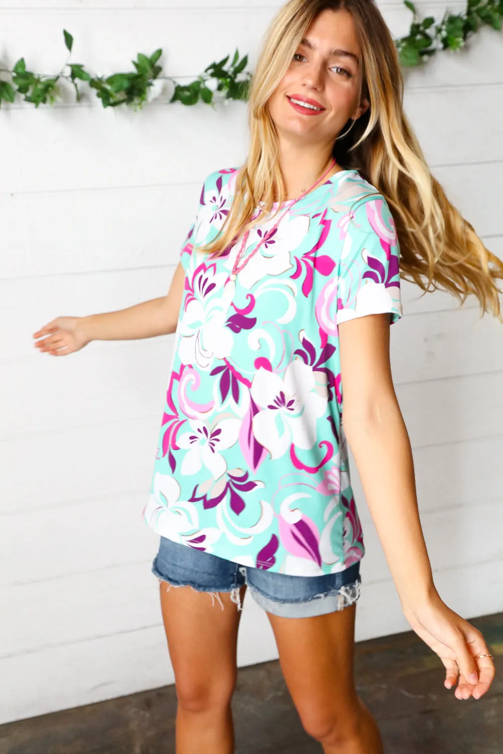 Turquoise & Purple Flat Floral Print Top sold by Charming Charlie product image thumbnail 3