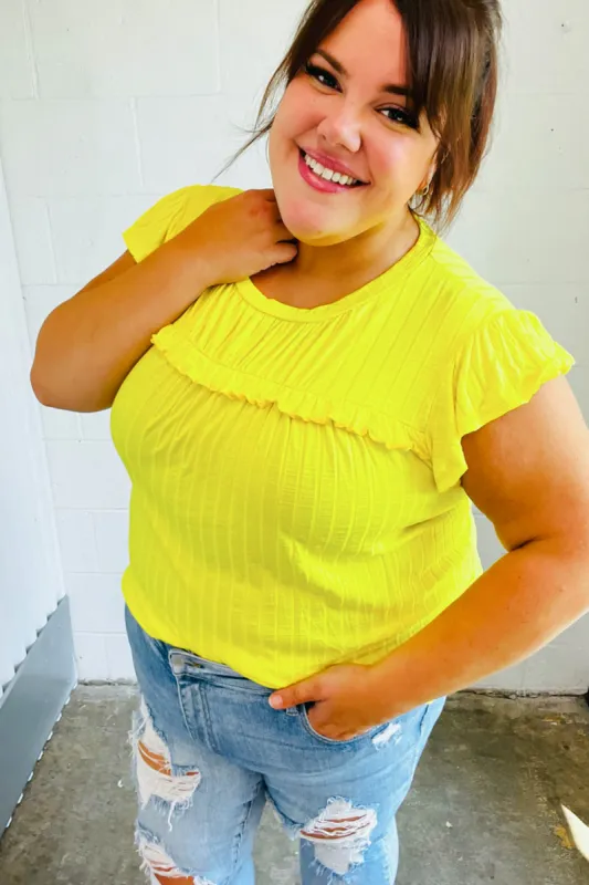 Yellow Wide Rib Frilled Short Sleeve Yoke Top sold by Charming Charlie