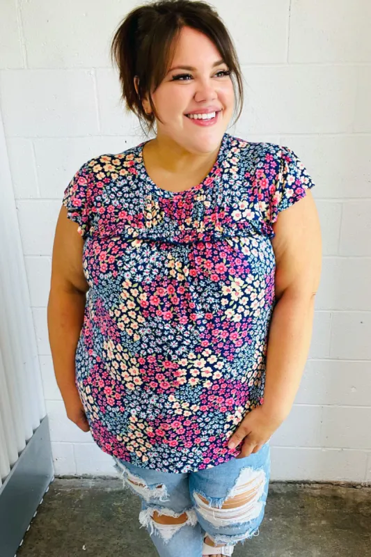 Navy Floral Print Frilled Short Sleeve Yoke Top sold by Charming Charlie