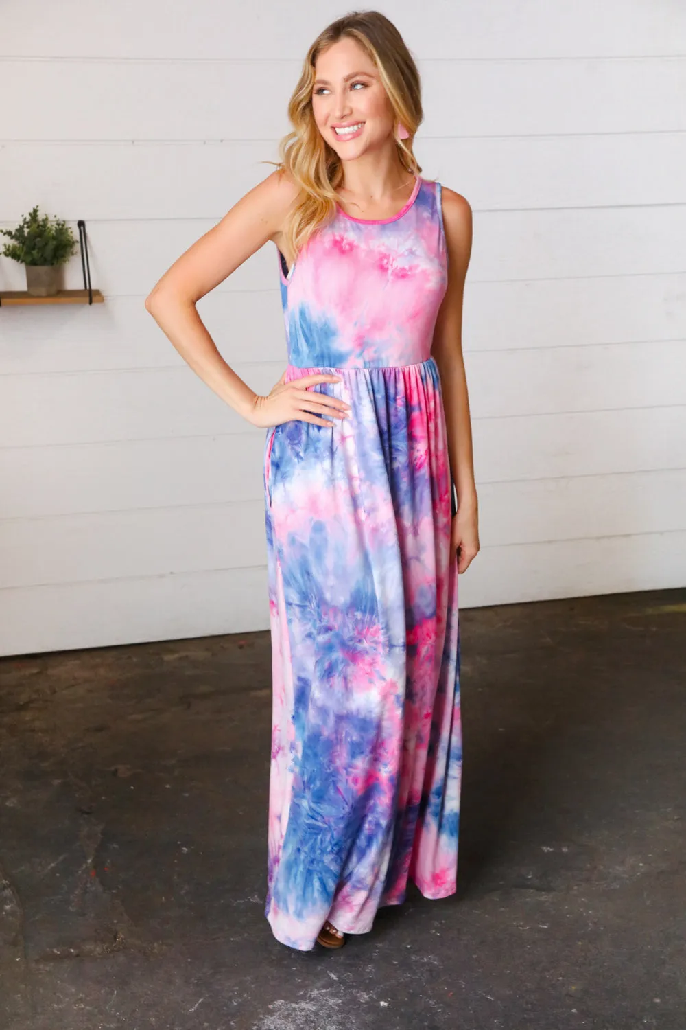 Pink & Blue Tie Dye Fit and Flare Sleeveless Maxi Dress sold by Charming Charlie product image thumbnail 3