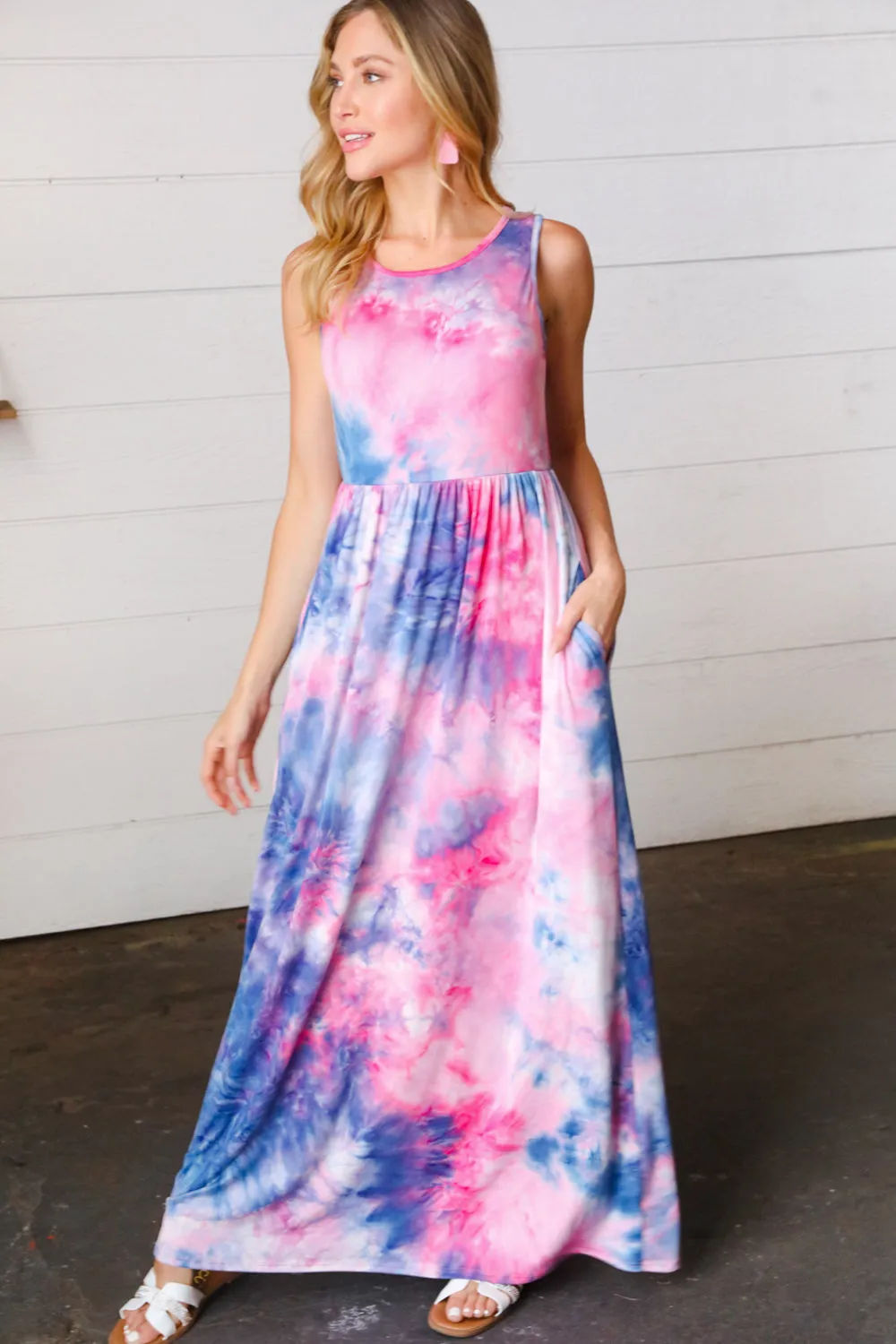 Pink & Blue Tie Dye Fit and Flare Sleeveless Maxi Dress sold by Charming Charlie