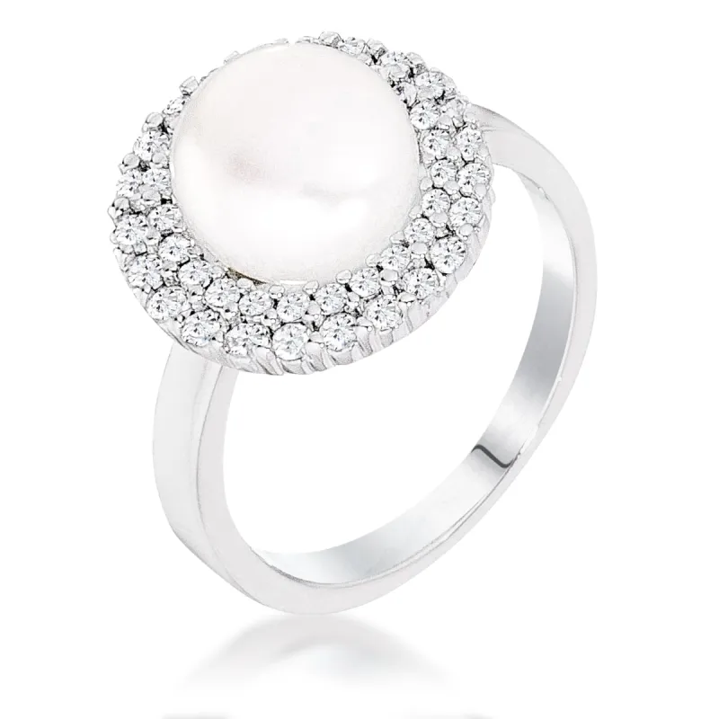 Rhodium Plated double Halo Ethereal Pearl Cocktail Ring made by Charming Charlie