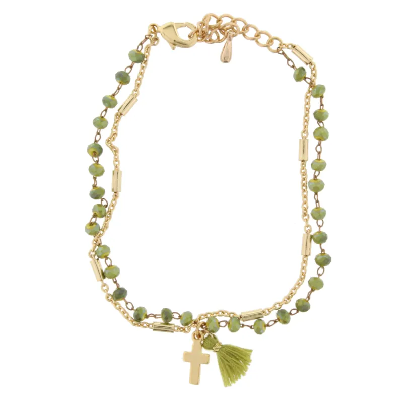 Delicate 2-Tone Green and Gold Chain Bracelet with Cross sold by Charming Charlie