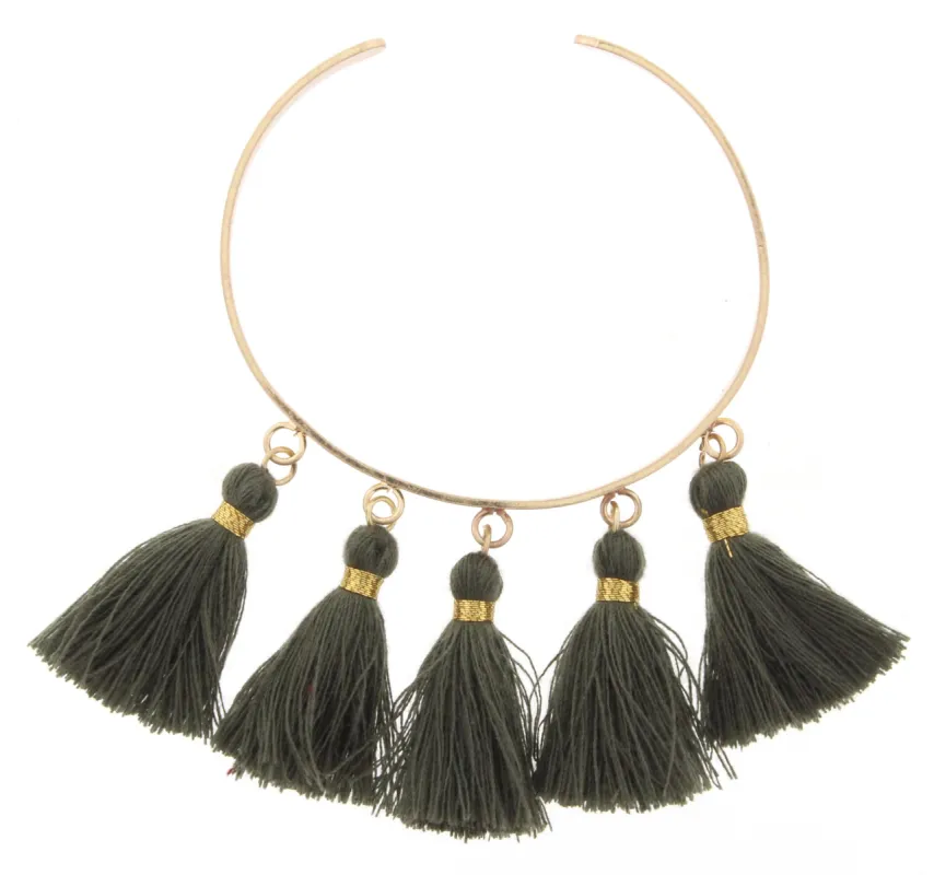 Gold Metal Cuff Bracelet with Dark Green Tassels sold by Charming Charlie