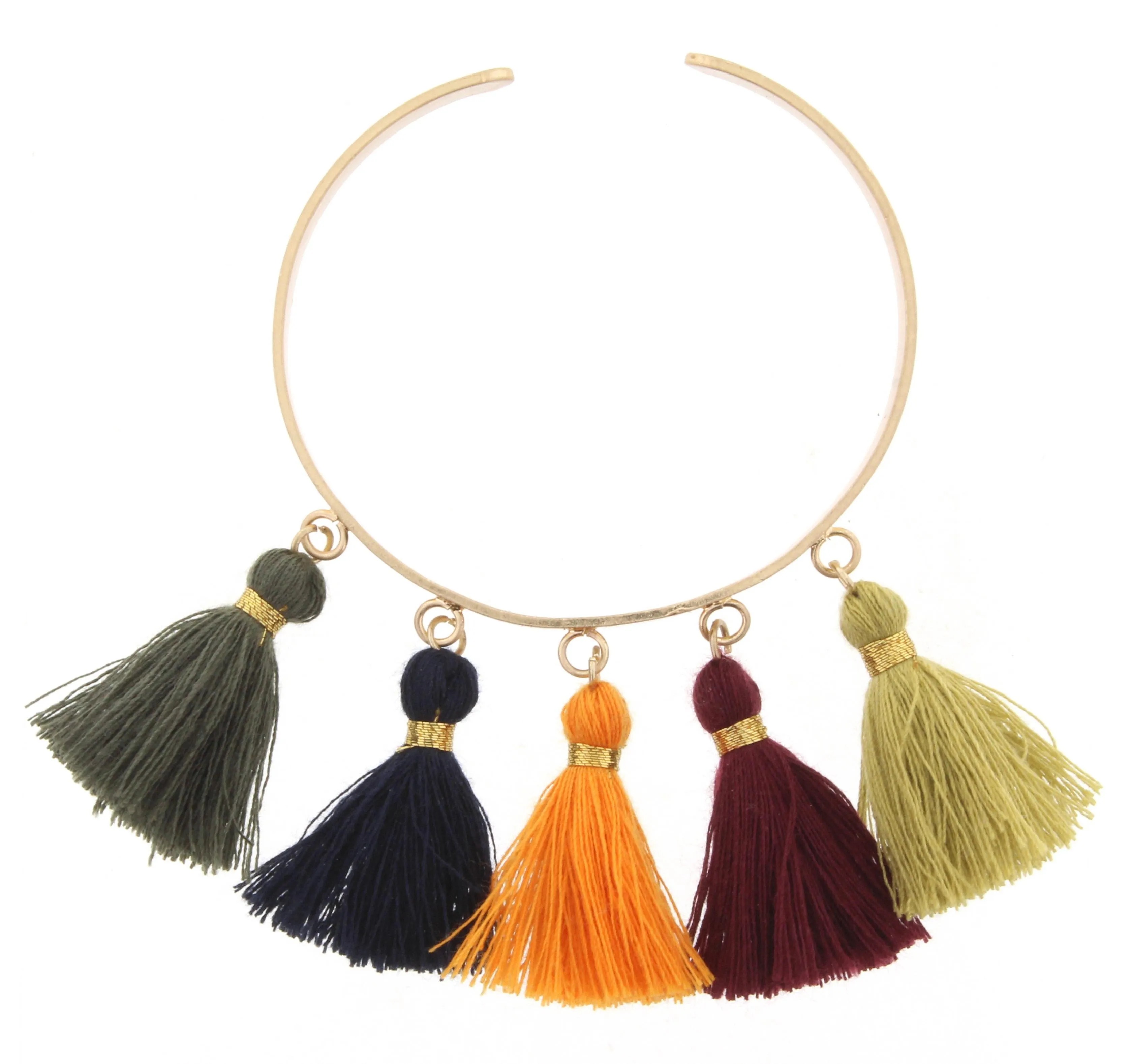 Gold Metal Cuff Bracelet with Dark Green, Navy, Orange, Maroon , and Pear Tassels sold by Charming Charlie