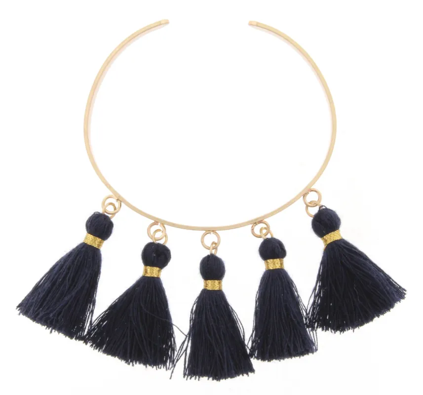 Gold Metal Cuff Bracelet with Navy Tassels sold by Charming Charlie