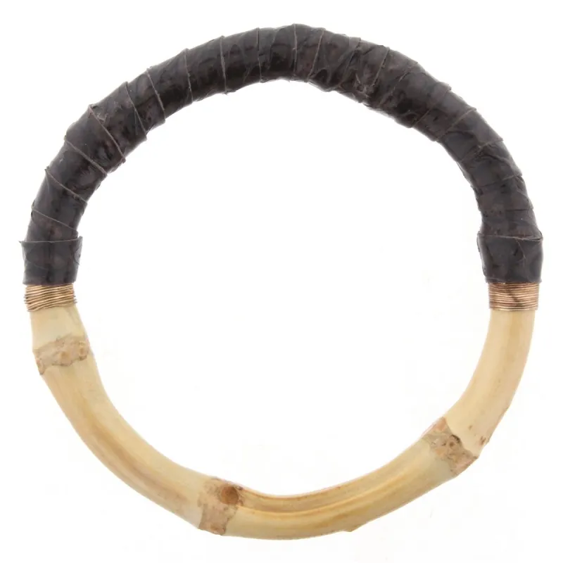 Bamboo Bangle Bracelet with Dark Brown Snakeskin Leather Wrap sold by Charming Charlie