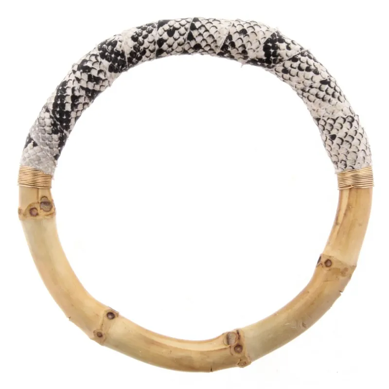 Bamboo Bangle Bracelet with White & Black Snakeskin Leather Wrap sold by Charming Charlie