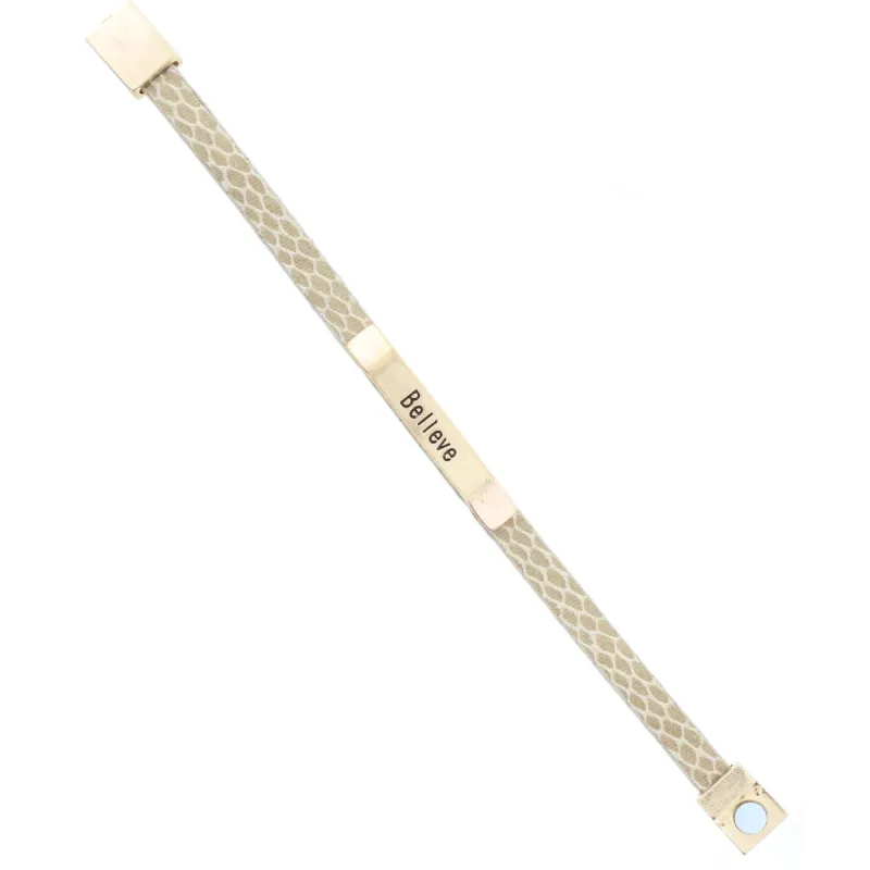 Cream Leather Snake Bracelet with Gold Bar "Believe" sold by Charming Charlie