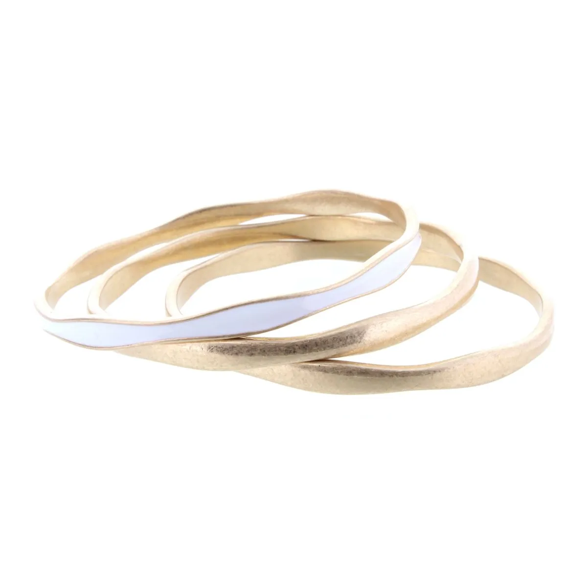 3 Gold Wavy Bangle Bracelets with One White Epoxy Accent sold by Charming Charlie